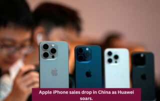 Image depicting a symbolic representation of Apple's declining iPhone sales, contrasted with Huawei's ascending market position, reflecting the changing dynamics in the smartphone industry.