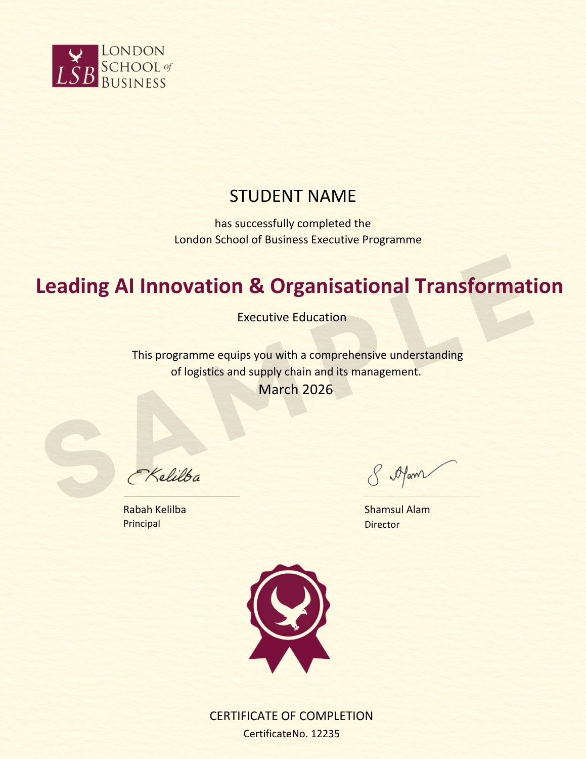 leading ai innovation & organisational transformation - certificate sample