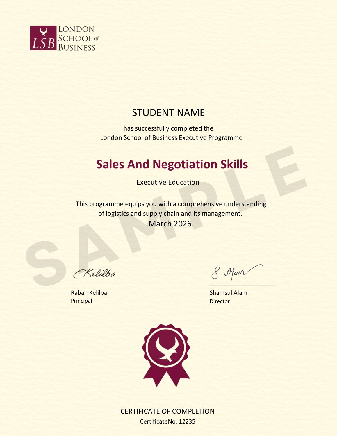 sales and negotiation skills - certificate sample
